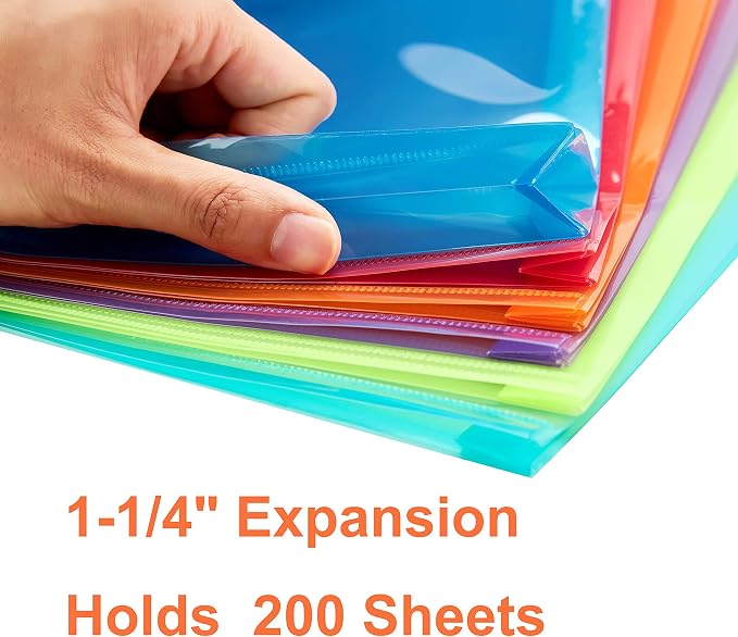 FANWU Plastic Legal Size Envelopes with String Tie Closure, 1-1/4" Expansion, Side Load, Clear File Folders Poly Project Paper Documents Organizer for Office School Home (Assorted Colors - 6 P)