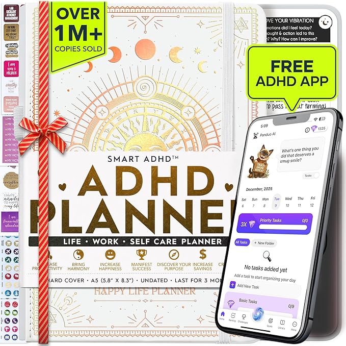 Freedom Mastery - Adhd Daily Planner, Self Care Personal Gratitude Journal to Increase Productivity & Success in Life, Include Foldable Vision Board - White Sun