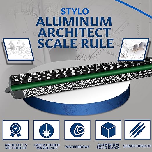 Stylo 12" Aluminum Architect Scale Ruler Laser Etched Triangle Drafting Ruler, Color Coded Grooves for Blueprint, Drafting and Drawing, Architectural Scale Ruler for Blueprints (Black, Metric Units)