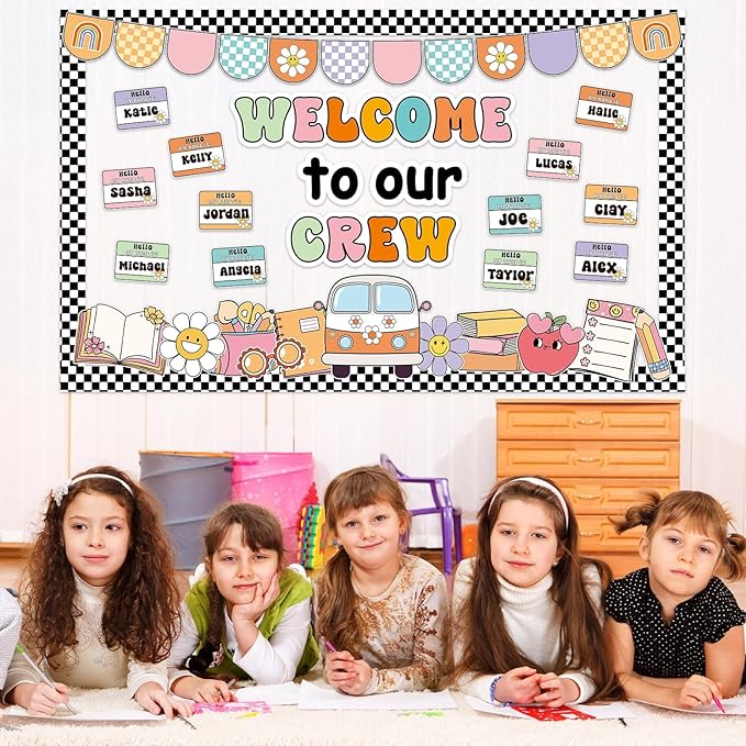 Groovy Back to School Bulletin Board Decorations Welcome to Our Crew Classroom Bulletin Board Border Set Retro Groovy Daisy Hippie Paper Cutouts Preschool Chalkboard Wall Decor
