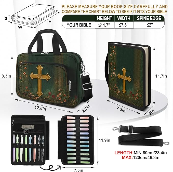 Boho Floral Bible Cover Case for Women, Large Bible Bag Bible Study Supplies Journaling Kit & Highlighters Tabs Pens Cross Clips, Book Carrying Cases w/Shoulder Strap Pocket Christian Gift