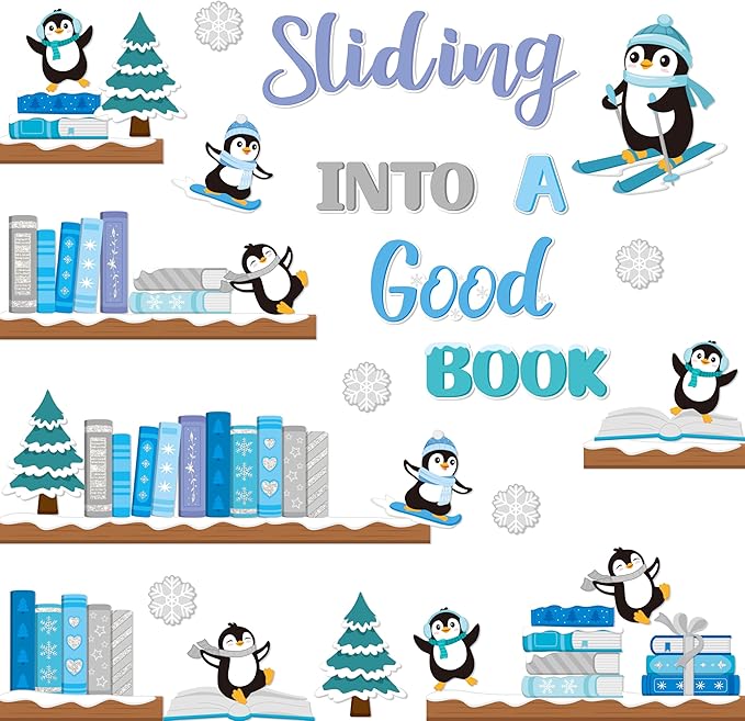 TICIAGA 79Pcs Winter Penguin Sliding Into A Good Book Bulletin Board Set, Winter Penguin Bookshelf Cutouts Trim Border for School Library Learning Classroom Chalkboard Wall Christmas Decorations