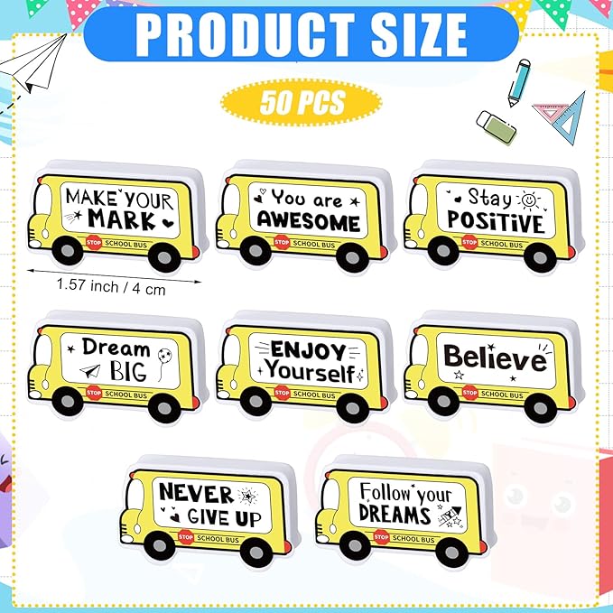 50 Pcs Erasers Bulk Inspirational Bus Erasers Cute Mini Motivational Gifts for Prizes Homework Rewards Supplies Office Supplies