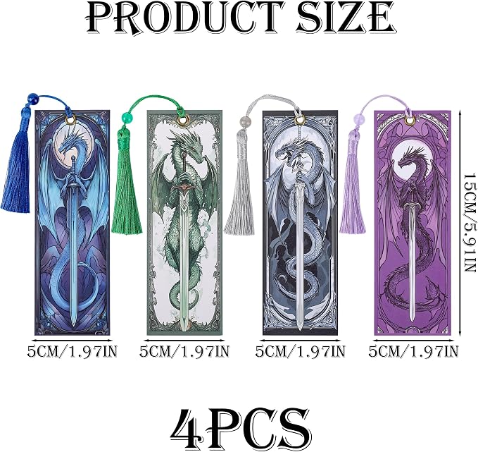 Dragon Sword Bookmark Gifts - 4 Pcs Fantasy Fourth Bookmarks with Tassels Paper Unique Vintage Wing Book Marks Office Home Supplies Gift for Reading Lovers Writers Kids Men Teacher Students