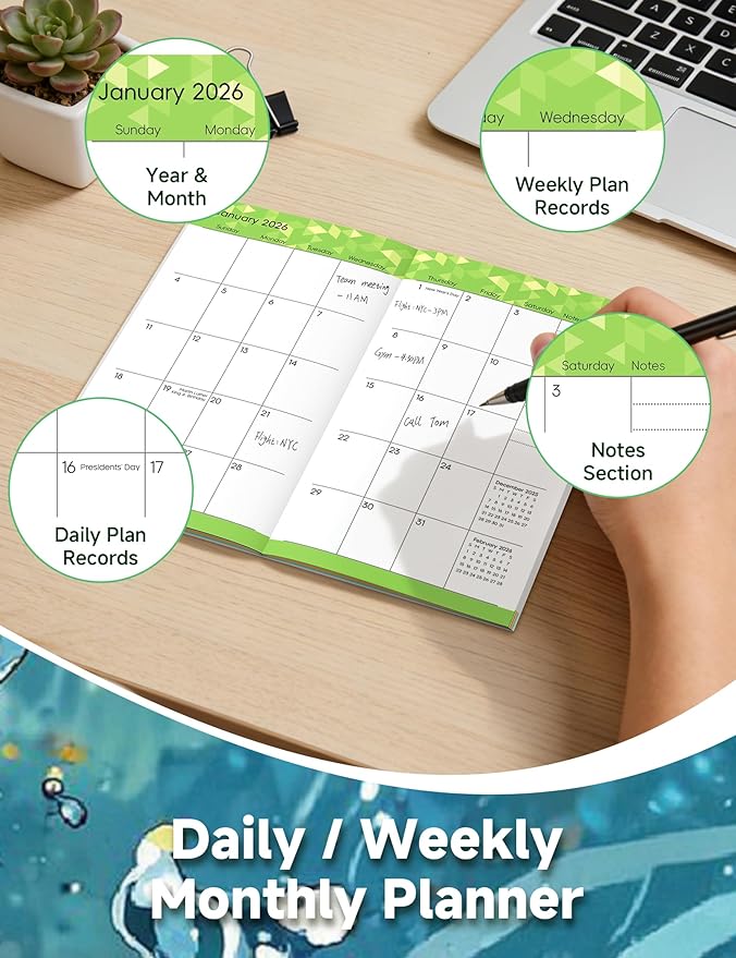 Pocket Calendar 2026-2028 Floral Series, Monthly Planner Jan 2026 to Jul 2028 (3.7" x 6.7") Perfect Purse Calendar, Pocket Agenda with Protective Plastic Sleeve-Blue Floral