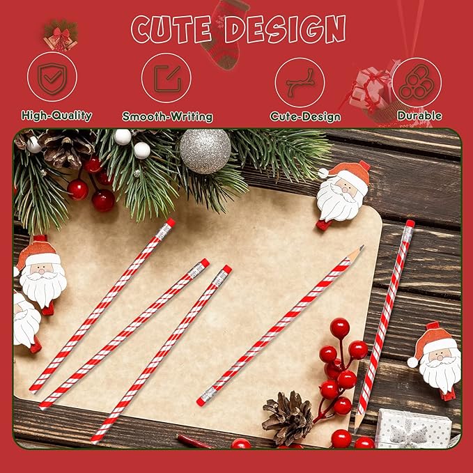 Queekay Christmas Gift Candy Cane Prism Pencils Bulk for Classroom Toppers Xmas with Erasers Cute Writing Pencils for Teacher Rewards Stocking Stuffers Supplies(24 Pieces)