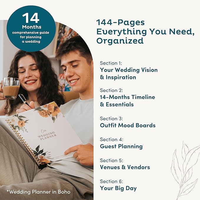 Timeless Premium Wedding Planner Book and Organizer – Wedding Planning Book, Comprehensive Keepsake & Countdown Binder, Perfect Engagement Gift for Women, 11" x 9" (Boho)