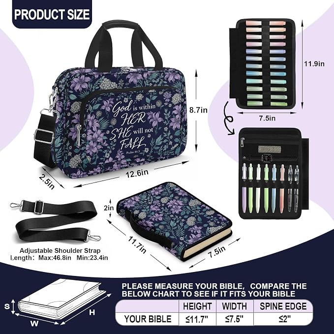 Lilac Bible Cover Case for Women with Shoulder Strap & Handle Zipper Pocket, Large Bible Bag with Study Supplies Journaling Kit Book Carrying Case, Pens Highlighters Cross Clips Tabs