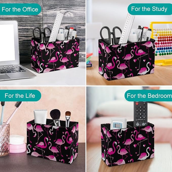 Desk Organizer Pen Holder Pink Love Heart Flamingo with Anti Slip Bottom, Decoration Office Desk Square Brush Pot, Multi-Functional PU Leather Pen Container