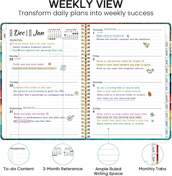 2026 Planner, Weekly and Monthly Calendar Planner Book, January 2026 - December 2026, Hardcover Spiral Planner with Monthly Tabs, Notes Pages, Perfect for Women & Men, A5 (6.4" x 8.5") - Wood