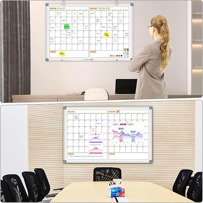 Calendar Whiteboard for Wall, 2 Month Calendar Dry Erase Board 36 X 24 Inch, Silver Aluminum Frame Hanging or Wall Mount Board with 2 Eraser, 8 Marker, 12 Magnet