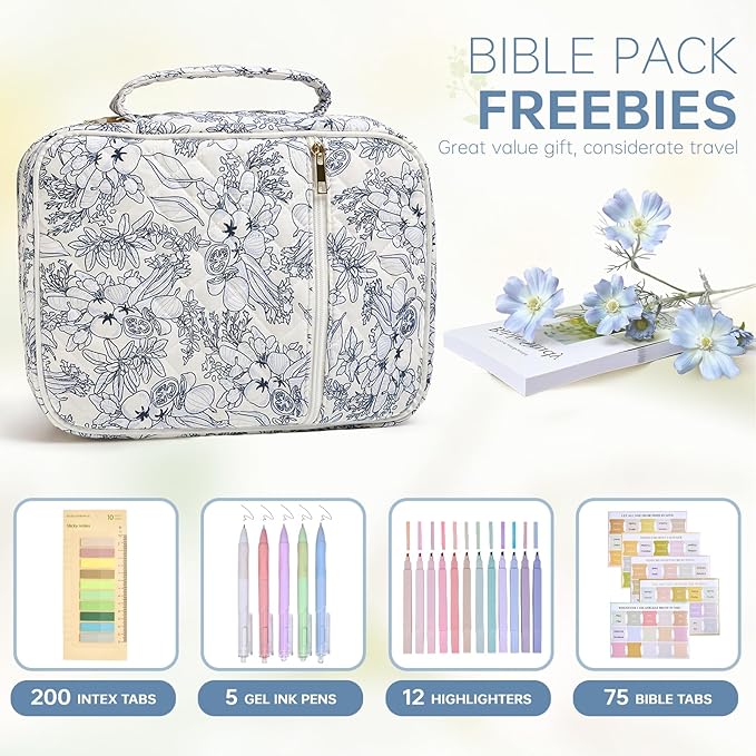 Bible Cover Case for Women Large Bible Cover with Durable Handle Quilted Bible Carrying Case for Girls Bible Study Supplies Accessories (Big Blue Flower, Big Blue Flower)