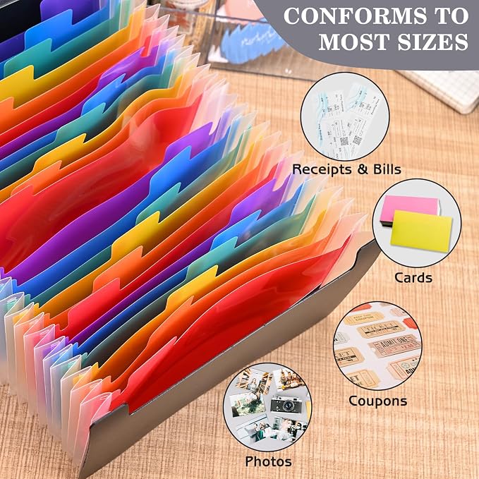Receipt Coupon Holder Organizer, 25 Pockets Small Accordian File Organizer, Expanding File Folder with Colorful Tabs, A6 Size for Cards, Check, Tickets, Monthly Bills Storage (Black)