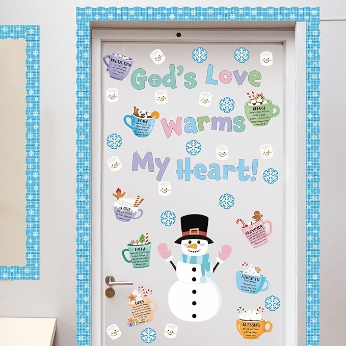 60 Pcs Winter Christian Bulletin Board Hot Cocoa Marshmallow Classroom Decoration God's Promises Warm My Heart Bulletin Board Snowflake Winter Christmas for Holiday School Office Wall Door