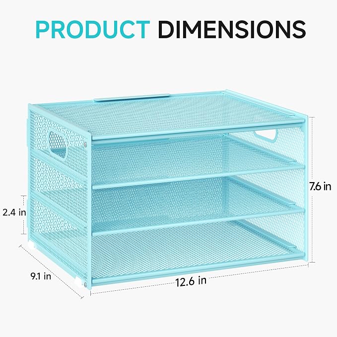 Lavatino 3-Tier Letter Tray Desk Organizer, Mesh Metal Paper File Tray Organizer for Desk, Office Supplies & Home Organization, Fits A4 Paper, Mail, Magazines & Office Accessories (Blue with Handle)
