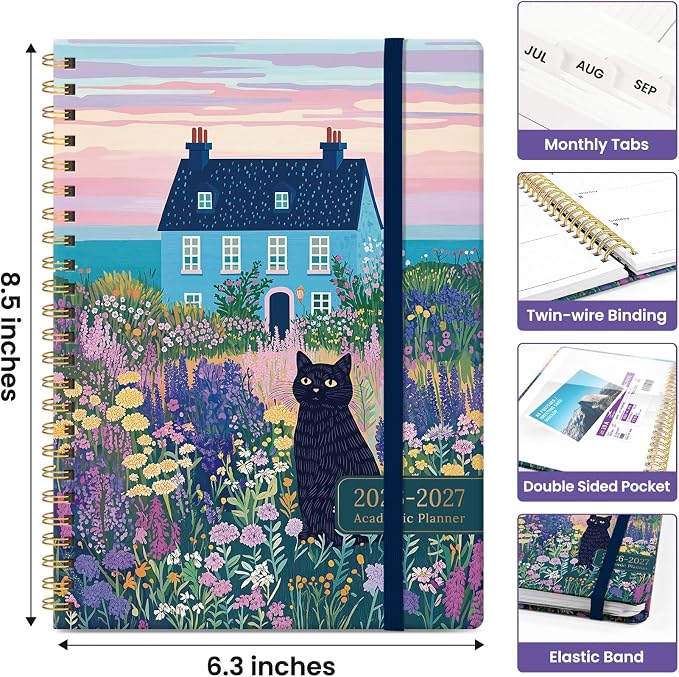 Planner 2026–2027, Academic Year Monthly & Weekly Calendar Book, Jul 2026–Jun 2027, Hardcover Organizer with Tabs, Student & Teacher Planner, 6.3" x 8.5", Lavender Whiskers