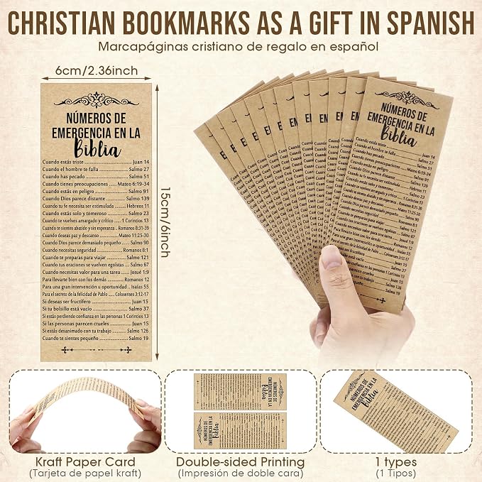 Feifeiya 50 Sets Fathers Day Christian Gifts Bible Bulk Emergency Number Bookmark Scripture Religious Pen for Men Church Welcome Sunday School Favors (Spanish)