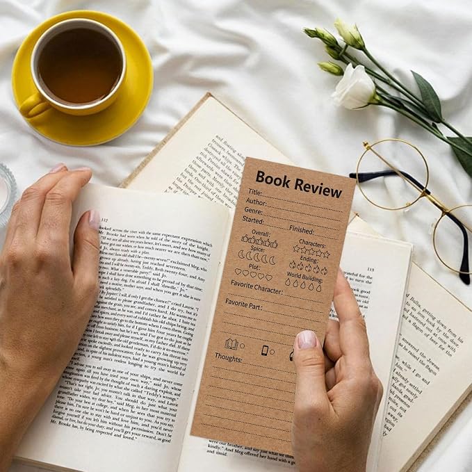 50 Pack Vintage Book Review Bookmarks for Book Lovers,Kraft Paper Cardboard Tracker Cards for Reading Journals,Brown(2.4"x5.9")