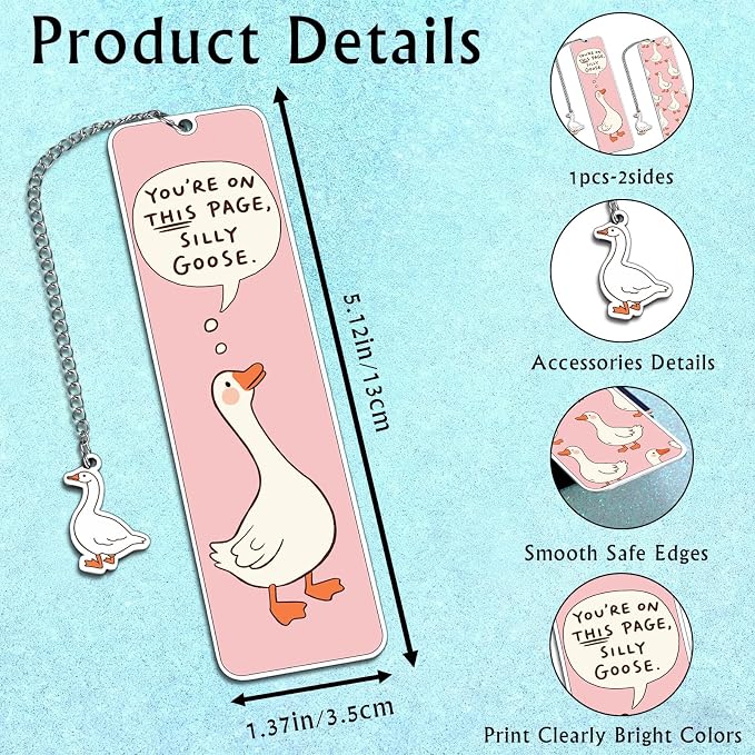 Pink Stuff Cute Bookmarks for Women Girls Book Lovers Book Marks for Reading Women Funny Book Lovers Gifts, Reading Accessories Gag Bookish Gifts for Readers Women Silly Metal Bookmarks Goose 2-Side