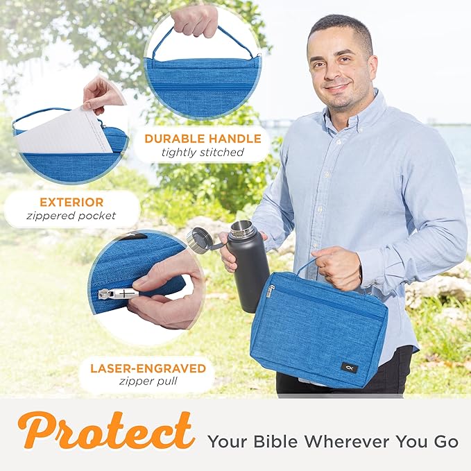 Christian Art Gifts Polyester Bible Cover for Men & Women w/Jesus Fish Patch, Zipper Pocket, Pen Loops, Easy Carry Book Case for Stationery, Accessories, Light Blue, Large