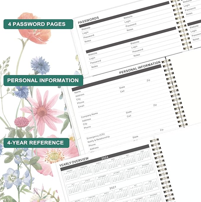 2026-2029 Monthly Planner - 3 year planner 2026-2029, Jul. 2026 - Jun. 2029, 3 Year Calendar 2026-2027-2028 monthly planner, 9" x 11", 36 Month Calendar with Colourful Tabs + Back Pocket - Flowers