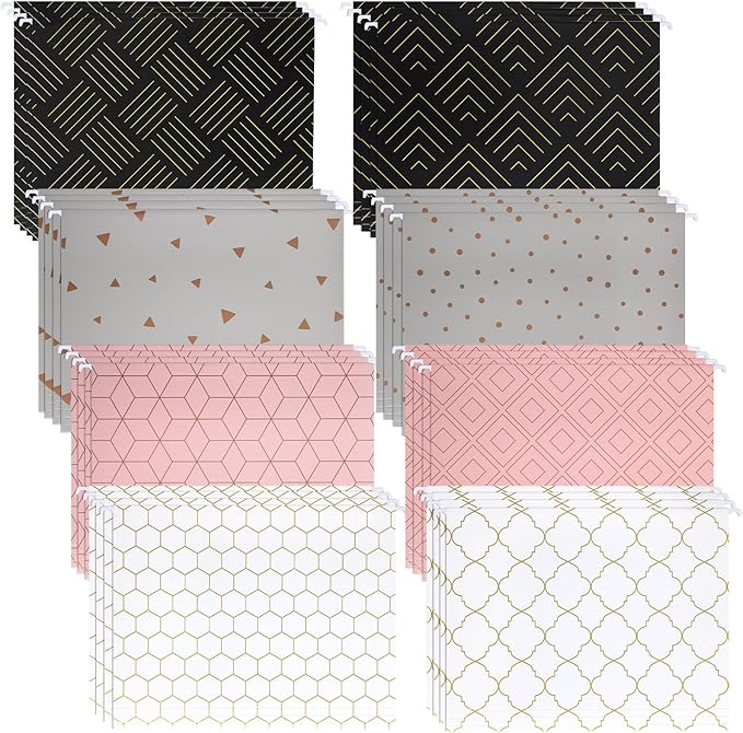 Estune 32 Pcs Decorative Hanging File Folders Letter Size Cabinet File Folders Organizers with 1/5 Cut Adjustable Tabs for Office Desk School Filing Cabinet Home(Geometric)