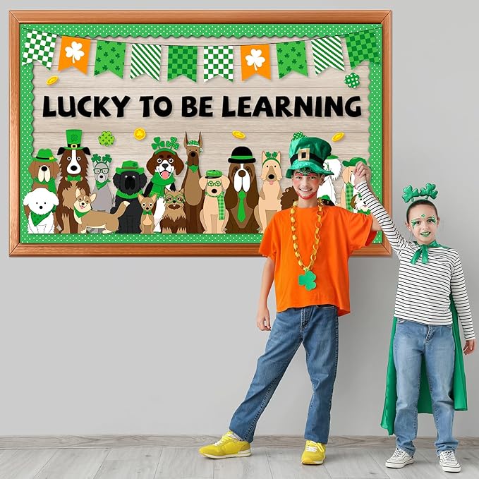 St. Patrick's Day Bulletin Board Set Pet Dog Learning Classroom Decoration Lucky Shamrock Gold Coin Paper Cutouts for St. Patrick's School Chalkboard Wall Decor Party Supplies