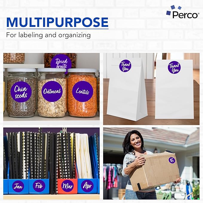 Perco Purple 3-Inch Round Circle Dot Sticker Labels - Multi-Roll Pack (3 Rolls, 500 Labels Each) - Permanent Adhesive, Vibrant Colors, Strong Hold - Perforated for Easy Use - Made in USA