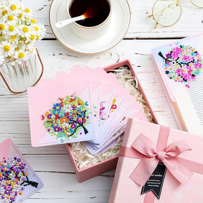 Ireer 12 Pcs 5D Diamond Painting Corner Bookmark Rhinestone PU Leather Diamond Painting Bookmark Triangle Art Bookmarks for Home Office Beginner Adults Birthday Mother Gift(Tree Style)