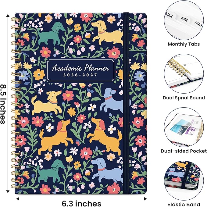 2026–2027 Academic Planner, Weekly and Monthly Planner for Women, July 2026 - June 2027, Pretty Hardcover 2026–2027 Academic Planner with Tabs, Inner Pocket, Spiral Bound, Perfect Office Home School Supplies - 6.3" x 8.5", Dachshund Party