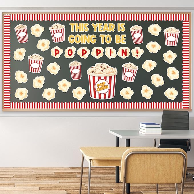 134Pcs Back to School Popcorn Bulletin Board Classroom Decoration Cute Popcorn Boxes Cutouts Name Tags Boarder Trim Back to School Popping Party Classroom Chalkboard Wall Door Decor Supplies
