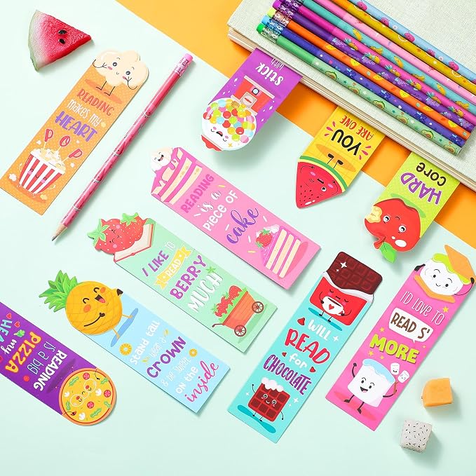 Teling 60 Pcs Inspirational Scented Pencils and Scented Bookmarks Sets Funny Pencils with Eraser Theme Bookmarks Cute Stationery Bulk for Reading Rewards Party Favors(Vivid)