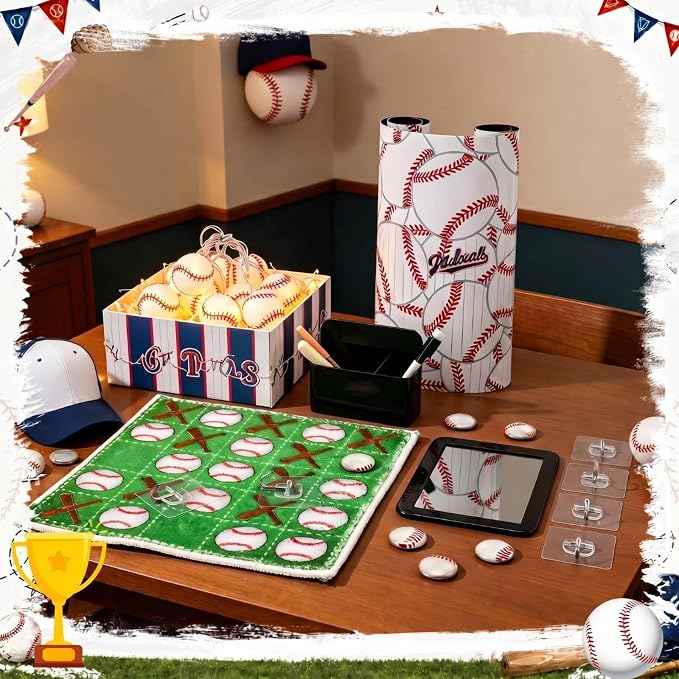 Kingdder 22 Pcs Baseball Theme Locker Accessories Kit Magnetic Locker Wallpaper Mirror Whiteboard Marker Pen Holder Magnet Hook Baseball Rug String Light for Back to Essentials Decoration