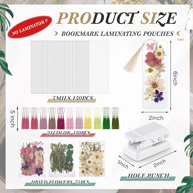 Fuyoooo 376 Pcs Dried Flower Bookmark Making Kit, DIY Bookmark Laminating Pouches with Tassels and Puncher DIY Project Gifts for Women Night Out Craft Book Lovers (Boho Color,2 x 6 Inch)