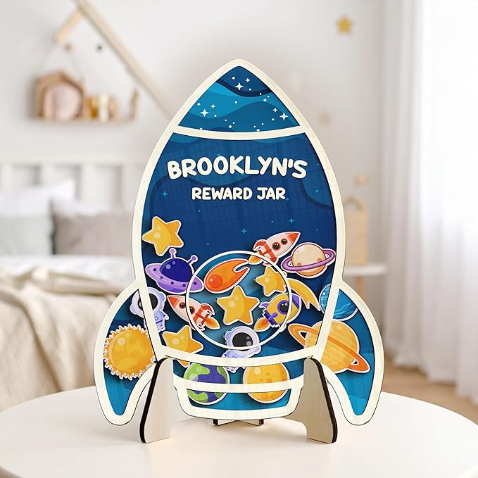 Personalized Rocket Ship Magnetic Reward Jar Colorful for Kids Potty Training Magnetic Token Good Behavior System Toddler Reward Routine Tool Back to School Gift for Boys Girls Classroom & Home Decor