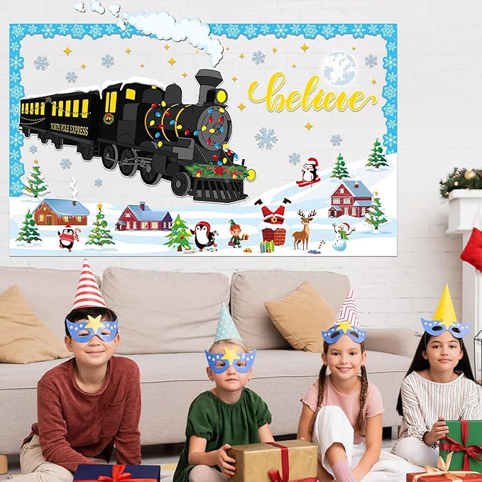 Christmas Train Bulletin Board Decorations Polar Train Express Classroom Decoration North Pole Express Winter Bulletin Board Xmas Believe Polar Golden Tickets Cutout for Winter Holiday Office Supplies