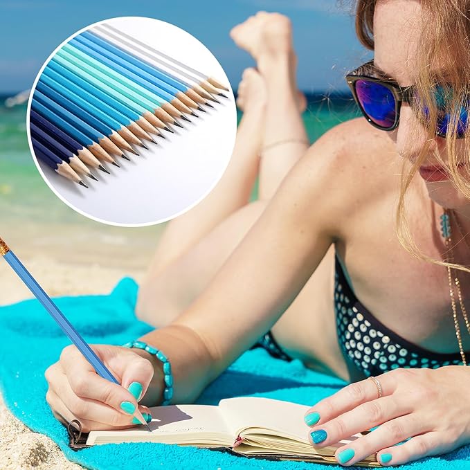 TecUnite 60 Pcs HB Pencils #2 Unsharpened Wood Cased Pencils with Eraser Hexagonal Pencil Cute Graphite No 2 Pen for Adults Gifts Exam School Office Sketching Learning(Blue Green Series, Gold)
