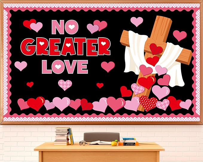 Valentines Day Bulletin Board Decorations Set NO Greater Love Religious Heart Paper Cutouts Classroom Decor for Christian Church School Wall Decoration Supplies