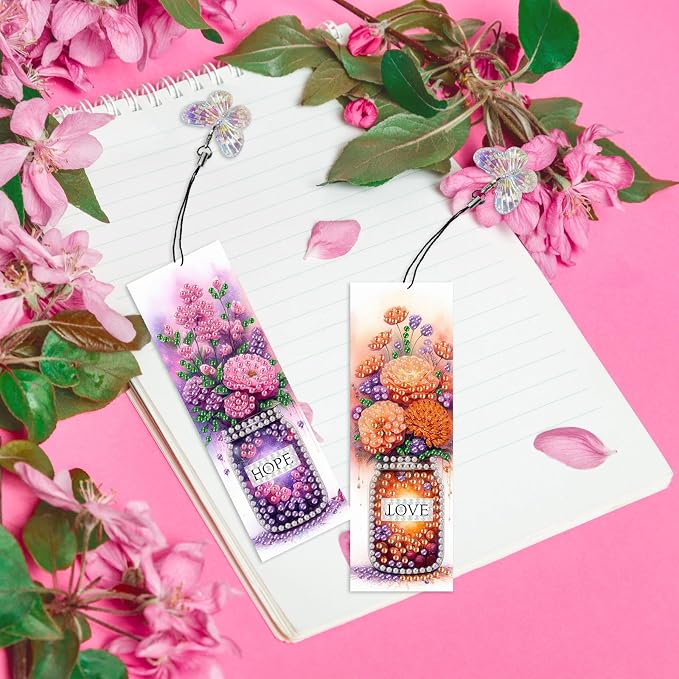 ARTopet 3Pcs DIY Diamond Art Painting Bookmarks with Colorful Butterfly Pendant PET Bookmark Ornament Double Sided Pattern Single Sided Diamond Book Marker Clip Gifts Tags-Bouquet