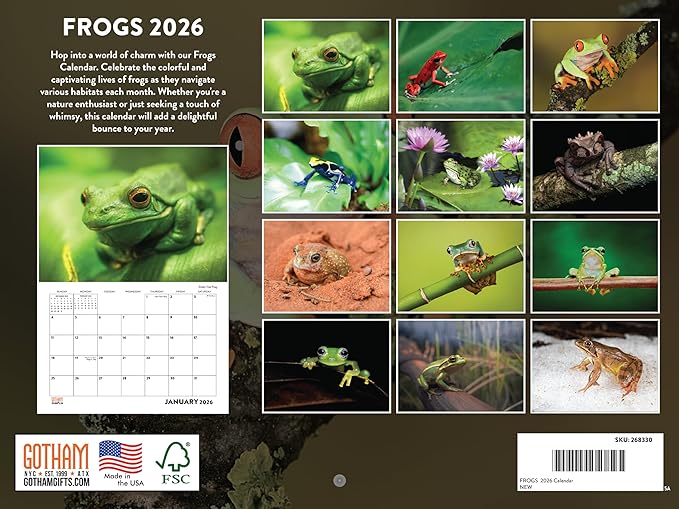 Frog Calendar 2026 Monthly Wall Calender 12 Month | American Made In The USA