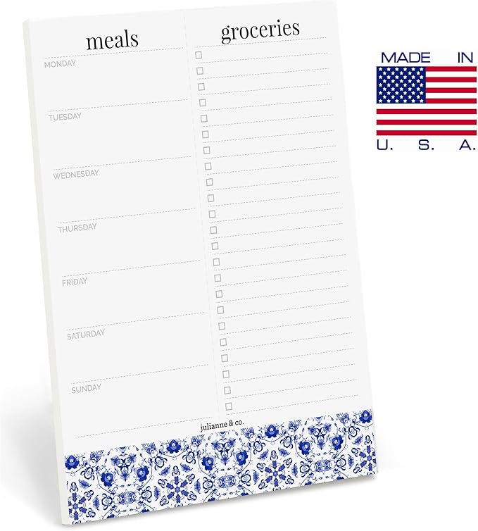 Weekly Magnetic Meal Planner Notepad By Julianne & Co - Food Planning Organizer And Grocery List Pad, 52 Premium A5 Pages, with Tear Away Perforated Shopping List (Blue China Print WITH Fridge Magnet)