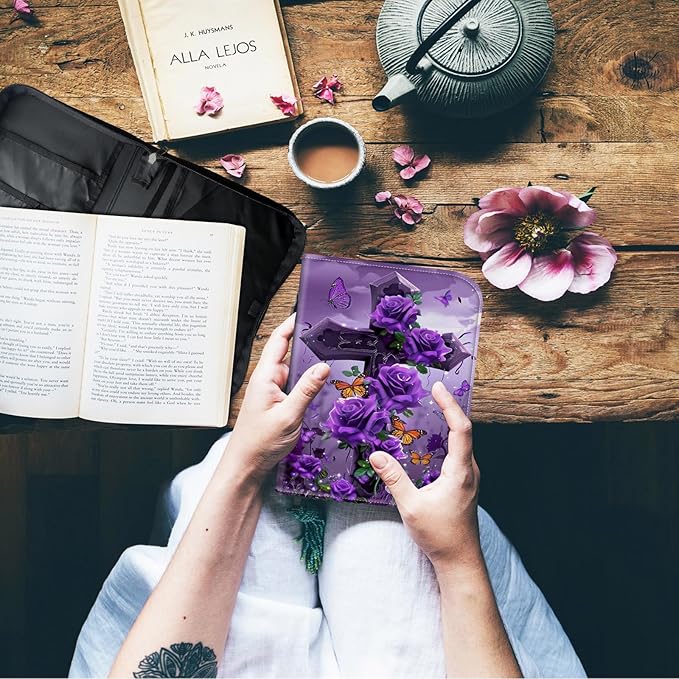 Bible Cover Case for Women,Large Leather Bible Case Fit Book Up to 11x8x2 Inch,Cross with Purple Rose Butterflies Bible Covers for Girls,Bible Study Carrier Church Bags w/Handle Zipper