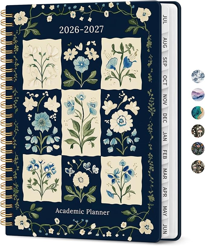 Planner 2026-2027, Academic Monthly and Weekly Calendar Planner for Women, July 2026 - June 2027, Hardcover Pretty Agenda Planner Book with Tabs, Spiral Daily Organizer for School Office Home Supplies, 8.5" x 11" - Blue Patchwork