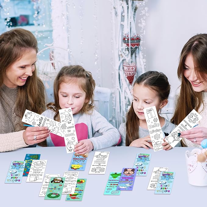 ANGOLIO Winter Word Coloring Bookmarks - Hello Winter Color Your Own Bookmarks DIY Coloring Blank Book Accessories Happy Holiday Home Classroom Party Favor Christmas Goodie Bag Filler for Kid Student
