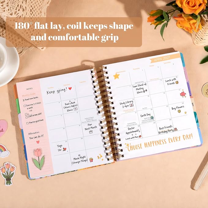 CAGIE 18 Month Planner July 2026 - December 2027, Academic Year Weekly & Monthly Planner with Tabs, 8.3 x 9.3 Floral Hardcover Organizer with 100GSM Thick Paper and Elastic Band for Women School Office