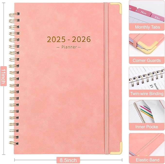 Fetinar 8.5" x 11" Academic Planner 2025-2026: July 2025 - June 2026 |Monthly Weekly Daily Hardcover | Teacher Student School Office Organizer with Tabs & Storage (Pink)