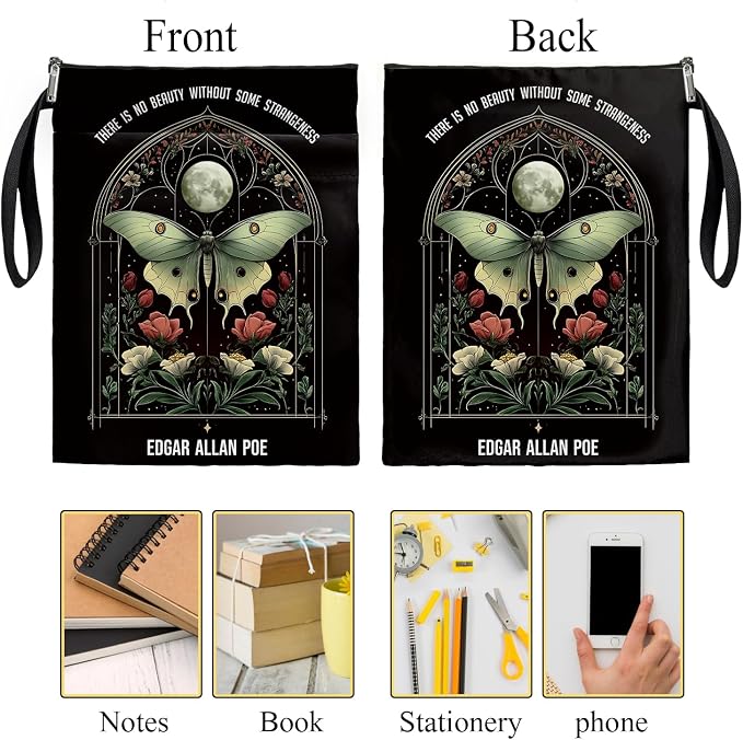 Vintage Floral Butterfly Book Cover, Waterproof Book Sleeve with Zippered Front Pocket Retro Flowers Book Pouch for Book Lovers, Christmas, Birthday, Graduation Gifts (Black-Butterfly, Large)