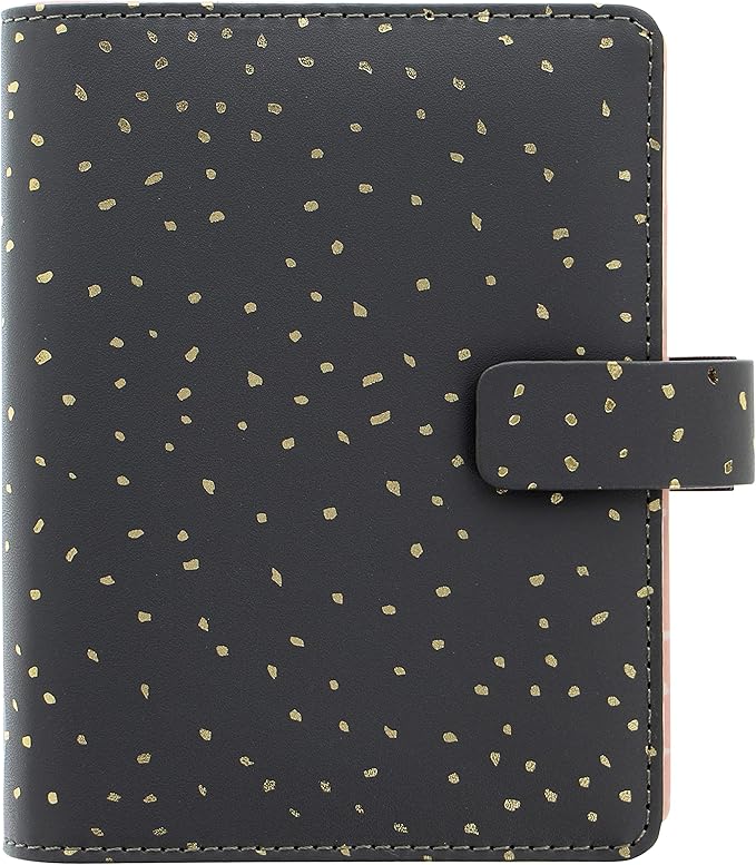 Filofax Confetti Organizer, Pocket Size, Charcoal - Leather-Look, Gold Foil Accents, Six Rings, Week-to-View Calendar Diary, Multilingual, 2025 (C028724-25)