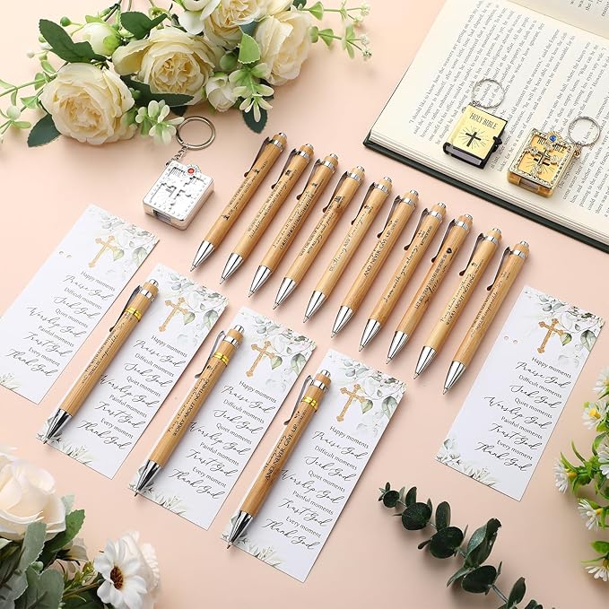 50 Sets Christian Religious Gifts Bulk Mothers Day Bible Verse Bamboo Pens and Christian Bookmarks Father's Day Inspirational Gifts for Teacher Church Bible Members VBS Women Coworker