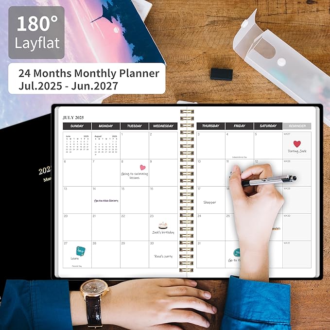 Monthly Planner 2025-2027, July 2025 - June 2027, 2 Year Calendar 2025-2027 Monthly Planner, 7.5" x 10", 24 month Calendar With Goals To Do List, Habit Tracker Suitable for Schools & Offices & Home, Black